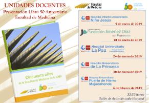 Cartel del acto de presentación del libro «Cincuenta años de la Facultad de Medicina de la UAM». Madrid 2019