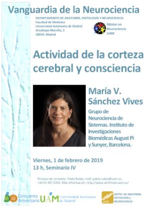 Cartel del Seminario Vanguardia de la Neurociencia: «Actividad de la corteza cerebral y consciencia» impartido por la Dra. María V. Sánchez Vives