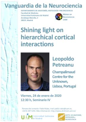 Cartel del Seminario Vanguardia de la Neurociencia: Shining light on hierarchical cortical interactions. Dr. Leopoldo Petreanu