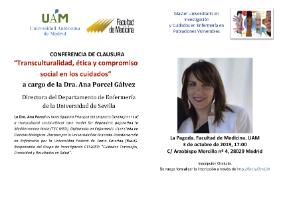 Cartel de la conferencia: Transculturalidad, ética y compromiso social en los cuidados. Dra. Ana Porcel.