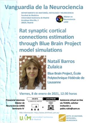 Cartel del Seminario Vanguardia de la Neurociencia: Rat synaptic cortical connections estimation through Blue Brain Project model simulations. Dra. Natalí Barros Zulaica.