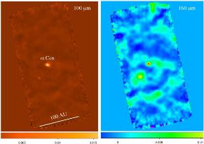 Imágenes de la estrella Alfa Centauri A obtenidas con el telescopio `Herschel¿. La escala espacial indicada en la imagen de la izquierda equivale a 100 veces la distancia de la Tierra al Sol (UA).