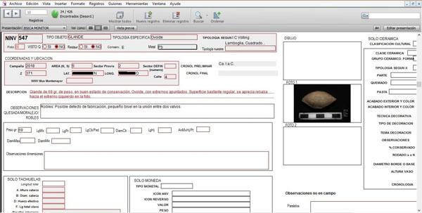 Ficha de registro de la base de datos informática relacional del proyecto que contienen la información referente a dos piezas halladas en Montemayor