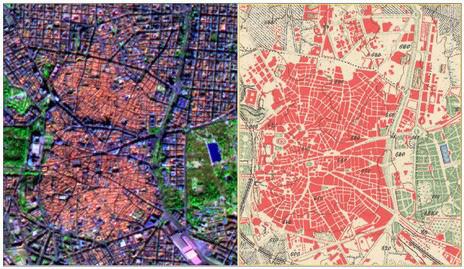 La imagen de la derecha se corresponde al primer Mapa topográfico Nacional editado en 1875, mostrando la zona central y las primeras edificaciones del Ensanche.