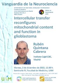 Cartel del Seminario Vanguardia de la Neurociencia: Intercellular transfer reconfigures mitochondrial content and function in glioblastoma. Dr. Rubén Quintana Cabrera.