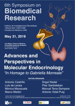 Cartel del VI Simposio en Investigación Biomédica: «Avances y Perspectivas en Endocrinología Molecular». En homenaje a Gabriella Morreale. Madrid, 2019