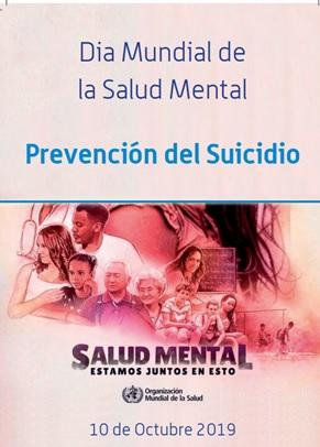En la imagen se puede leer Día Mundial de la Salud Mental: Prevención del suicidio. Estamos juntos en esto 10 de octubre de 2019