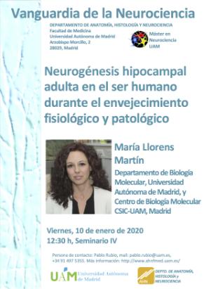 Cartel del Seminario Vanguardia de la Neurociencia: Neurogénesis hipocampal adulta en el ser humano durante el envejecimiento fisiológico y patológico. Dr.ª María Llorens Martín