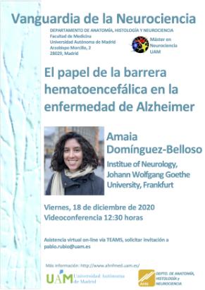 Cartel del Seminario Vanguardia de la Neurociencia: El papel de la barrera hematoencefálica en la enfermedad de Alzheimer. Dra. Amaia Domínguez-Belloso.