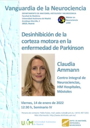 Cartel del Seminario Vanguardia de la Neurociencia «Desinhibición de la corteza motora en la enfermedad de Parkinson». Claudia Ammann.