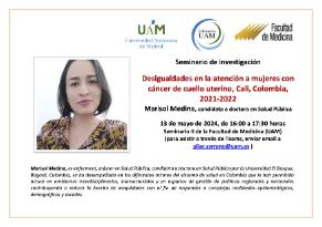 Cartel del seminario Desigualdades en la atención del cáncer de cuello uterino, Cali, Colombia, 2021-2022
