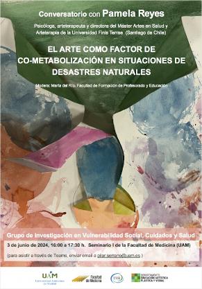 Cartel del seminario El arte como factor de co-metabolización en situaciones de desastres naturales, impartido por Pamela Reyes.