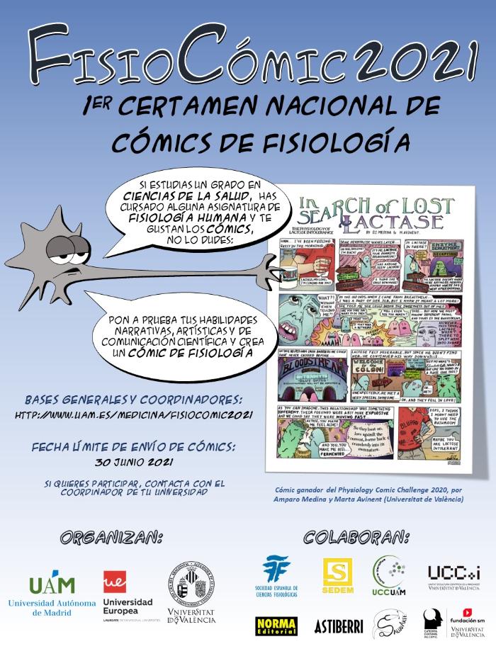 Cartel del certamen FisioCómic2021 organizado por las Universidades Autónoma de Madrid, la Uniersidad Europea y la Universitat de València. 