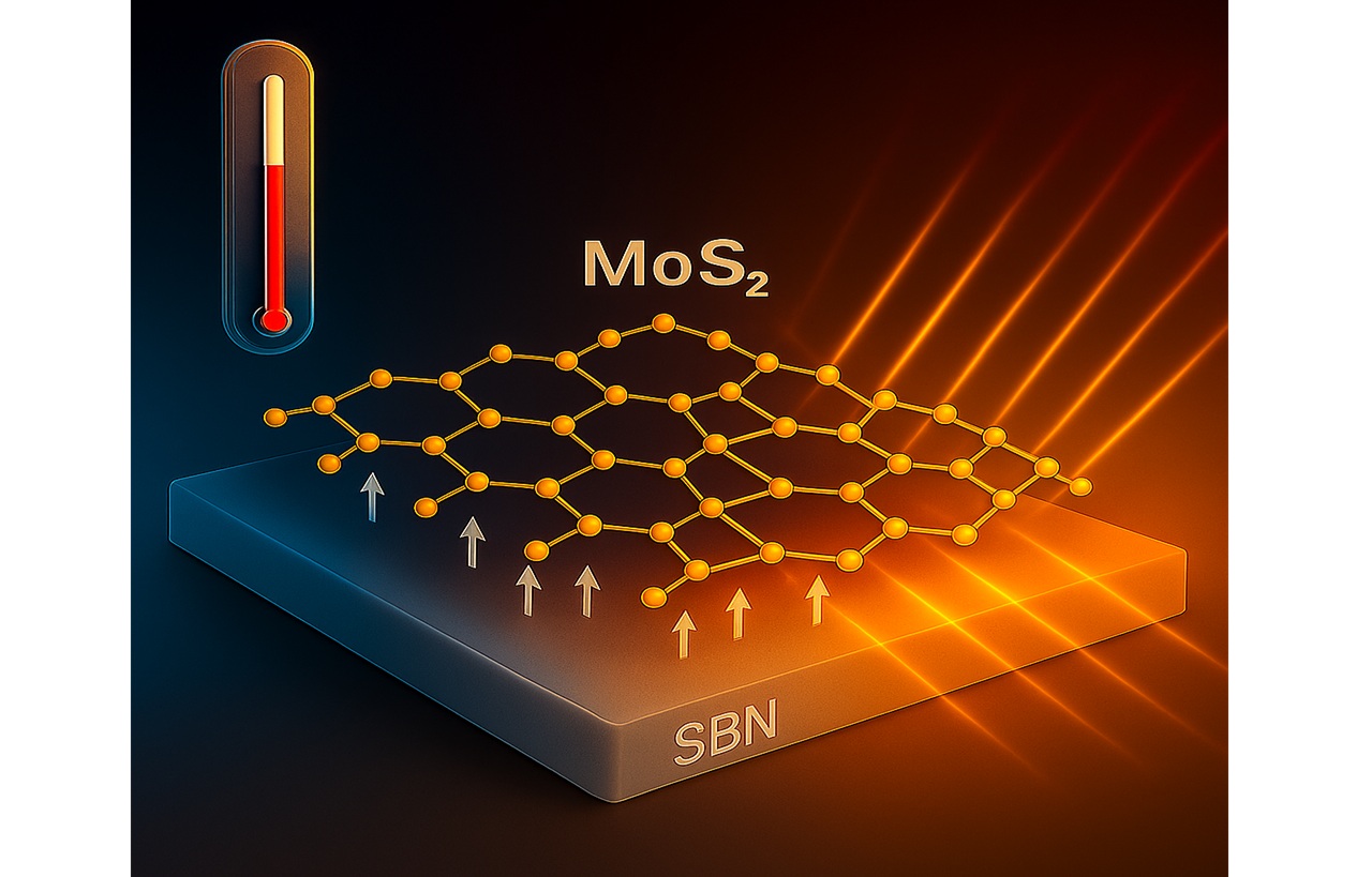 Figura ilustrativa de una capa de MoS2 cuya luminiscencia se ve afectada notablemente por los cambios térmicos cuando se deposita sobre SBN