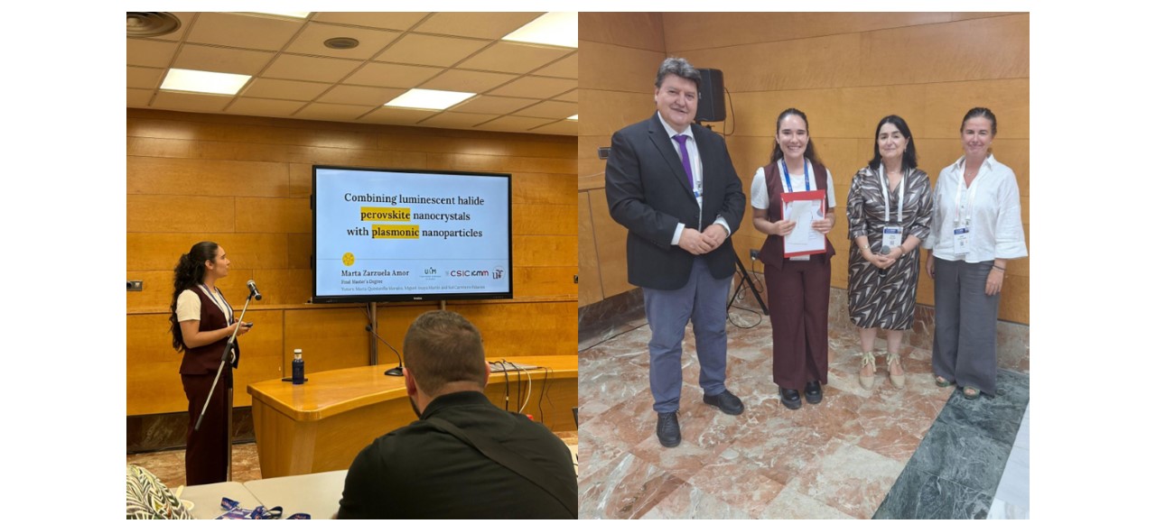 Marta Zarzuela durante la presentación de su TFM en el congreso EUROMAT2025 / Marta Zarzuela en la recepción del premio al mejor TFM junto con el comité organizador del congreso