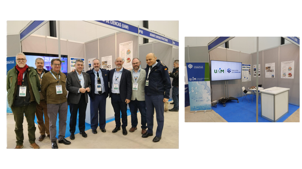 Izquierda: el decano de la Facultad, Manuel Chicharro Santamaría, y el coronel Carlos Pérez Salguero (centro) en compañía de miembros de la Facultad y del Ejército del Aire y del Espacio / Derecha: stand de la Facultad de Ciencias