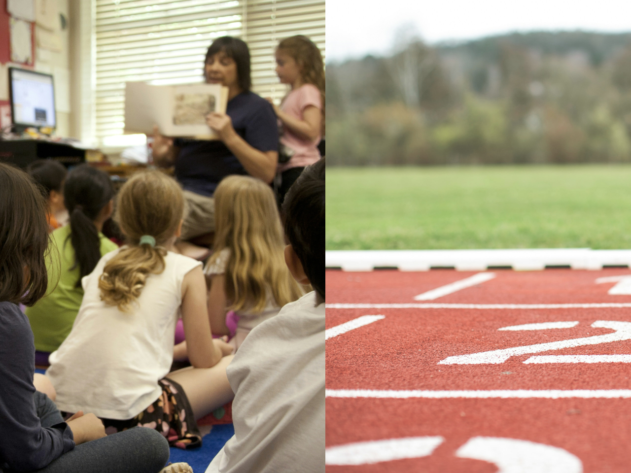Imagen de unos niños atendiendo la explicación de su profesora y a la derecha una pista de atletismo.