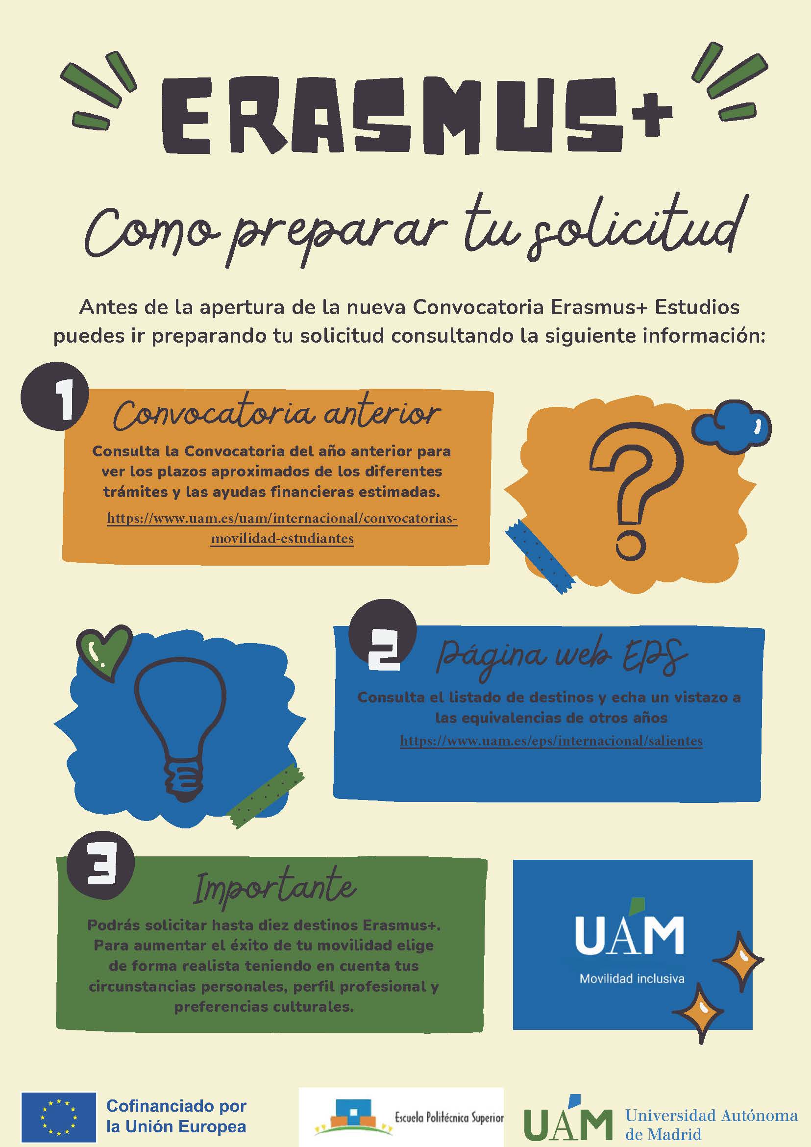 Información cómo empezar a elegir tu Erasmus: consulta la convocatoria anterior; infórmate en la página de internacional/eps y elige según tus circunstancias personales y académicas.