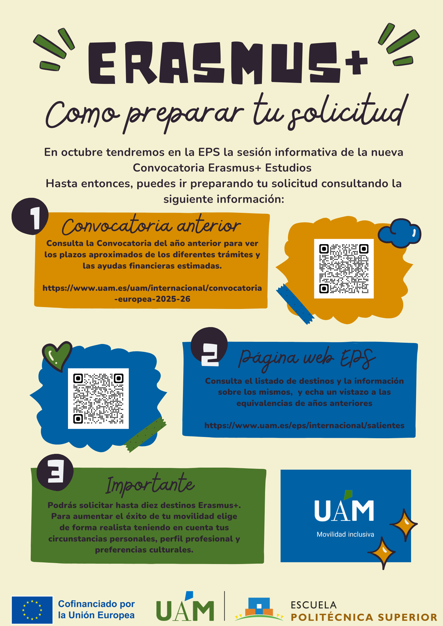 Información cómo empezar a elegir tu Erasmus: consulta la convocatoria anterior; infórmate en la página de internacional/eps y elige según tus circunstancias personales y académicas.