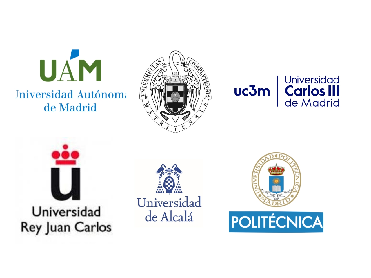 Escudos sobre fondo blanco de las seis universidades públicas de Madrid