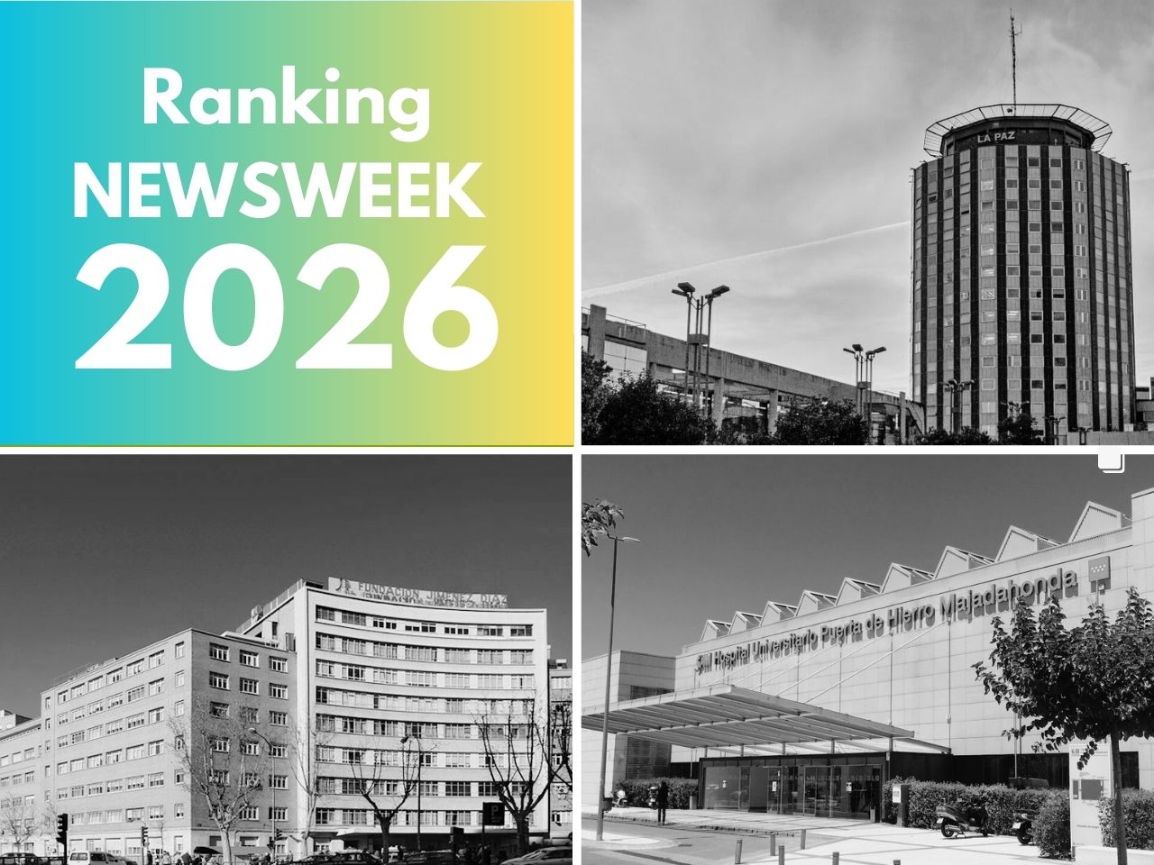 Montaje fotográfico con las fachadas principales de los hospitales univeritarios La Paz, Fundación Jiménez Días y Puerta de Hierro Majadahonda.