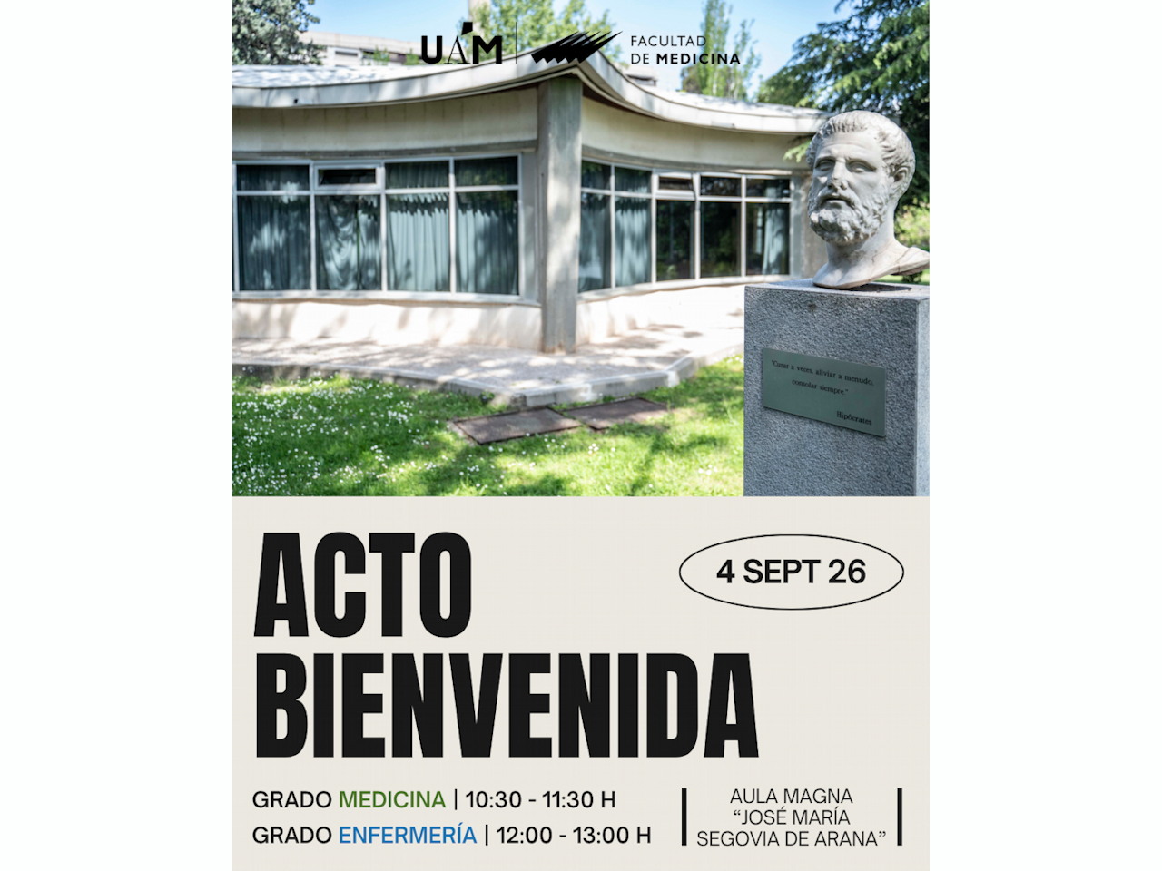 Cartel del Día de Bienvenida 2026-2027 de la Facultad de Medicina de la Universidad Autóoma de Madrid.