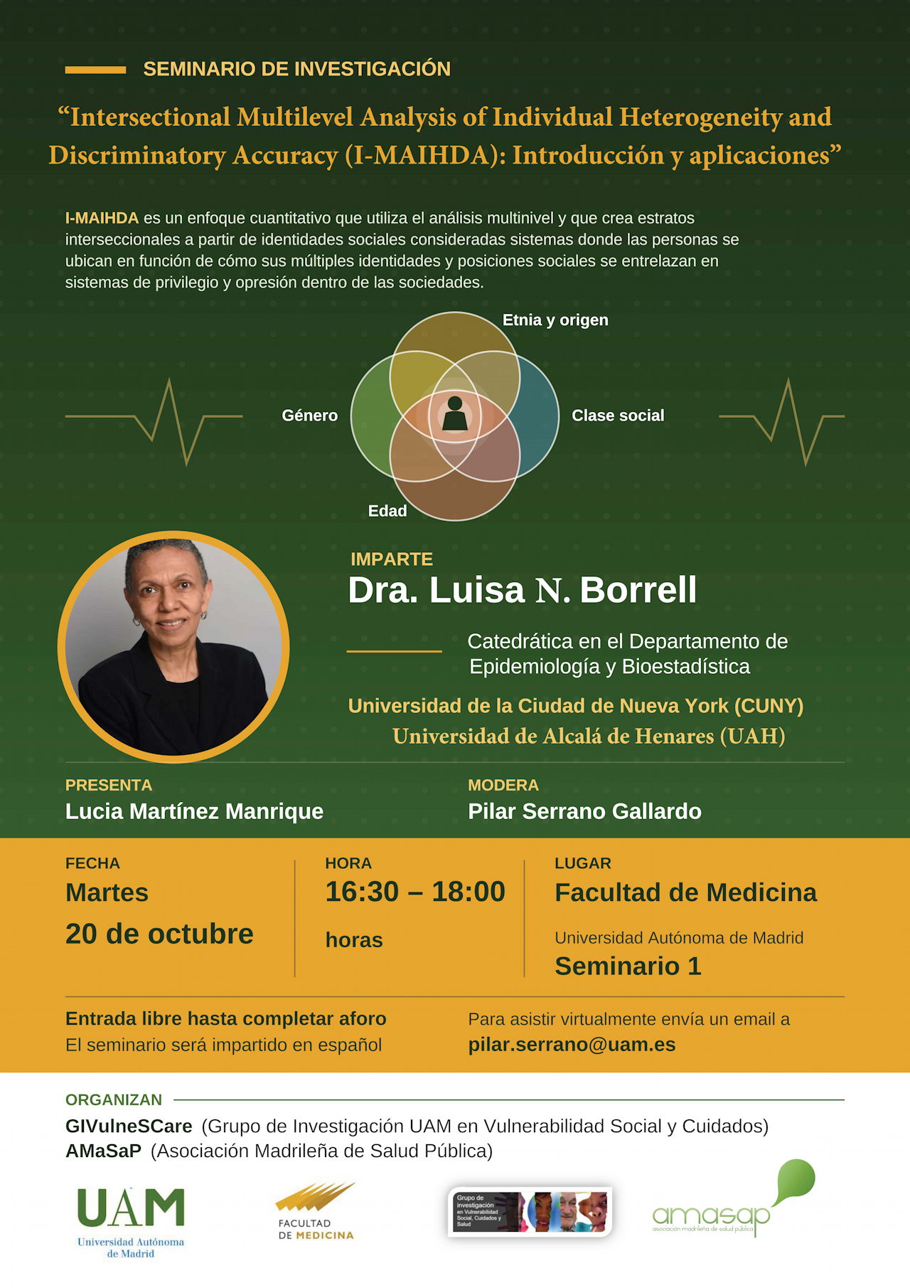 Cartel del seminario Intersectional Multilevel Analysis of Individual Heterogeneity and Discriminatory Accuracy (I-MAIHDA): Introducción y aplicaciones..