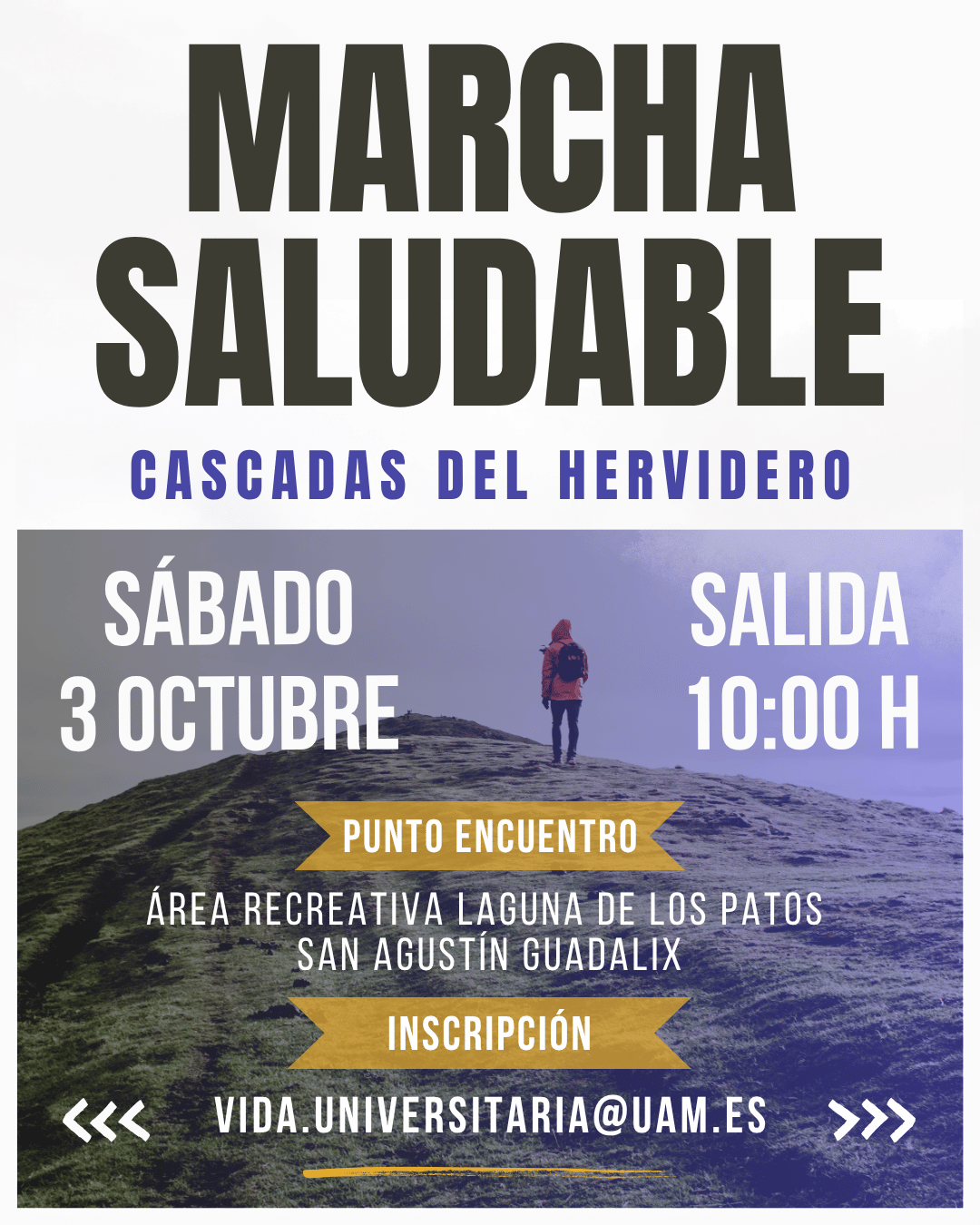 Cartel de la jornada de senderismo Cascadas del Hervidero, organizada por Vida Universitaria. Facultad de Medicina (UAM), para celebrar la Festividad de San Lucas 2026.