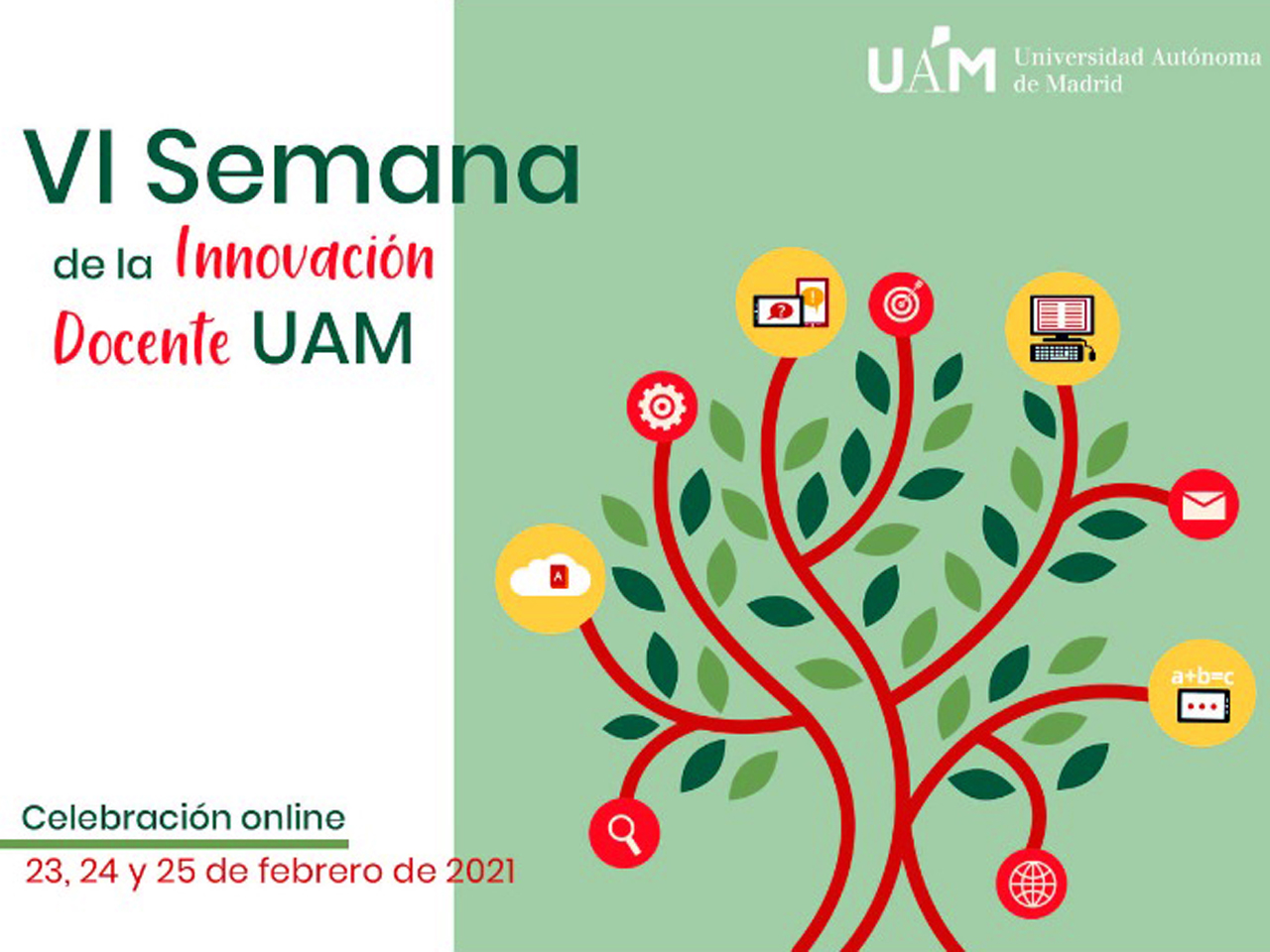 Imagen del cartel de la VI Semana de la Innovación Docente en la UAM, un árbol con iconos relacionados en las ramas