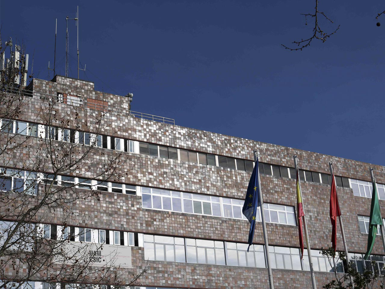 Vista de la fachada del Edificio Rectorado con banderas al frente
