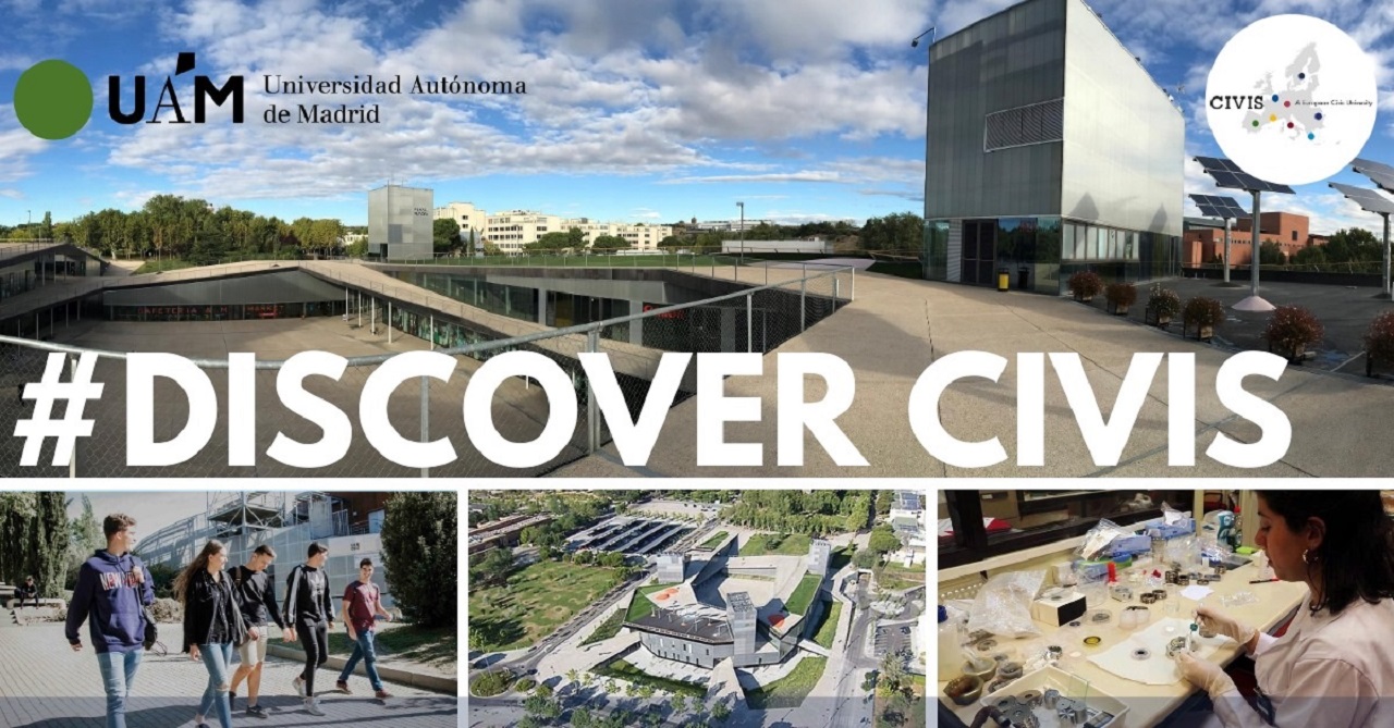 Collage de cuatro imágenes que muestran la Plaza Mayor de la UAM, estudiantes, panorámica del campus y un laboratorio