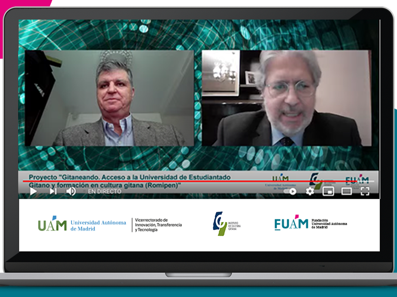 Un momento de la participación de Javier Ortega García, vicerrector de Innovación, Transferencia y Tecnología, y Diego Fernández Jiménez, director de la Fundación Instituto de Cultura Gitana, durante el evento online.