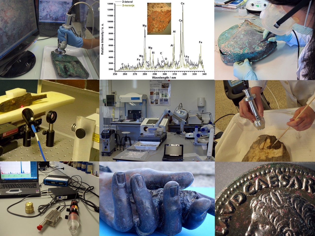 Mosaico de nueve fotografías que muestran diversas facetas del trabajo del equipo de investigadores