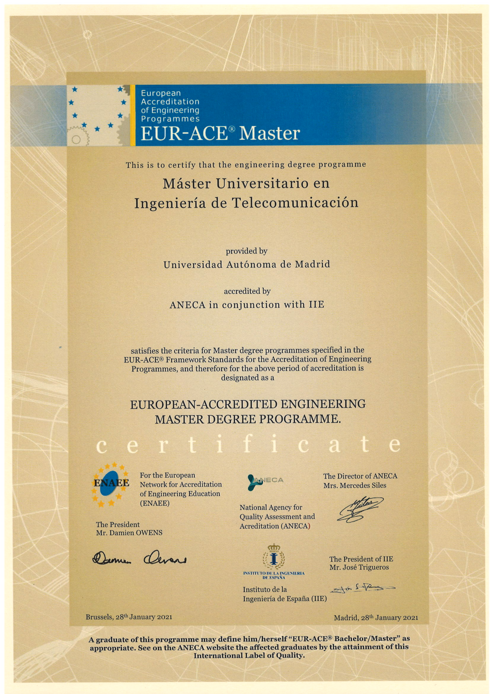 Certificado EUR-ACE® del Máster Universitario en Ingeniería de Telecomunicación de la Escuela Politécnica Superior (EPS) / UAM