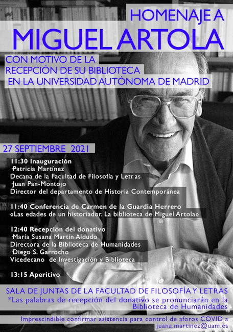 Programa del homenaje a Artola con motivo de la donación de su biblioteca a la Biblioteca de Humanidades de la Universidad Autónoma de Madrid