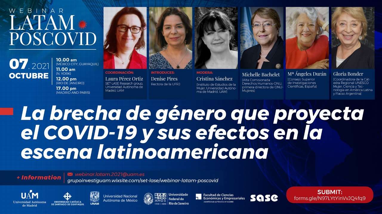 Cartel promocional de la sesión 'La brecha de género que proyecta el Covid-19 y sus efectos en la escena latinoamericana', en el que se ven las imágenes de las seis expertas participantes 