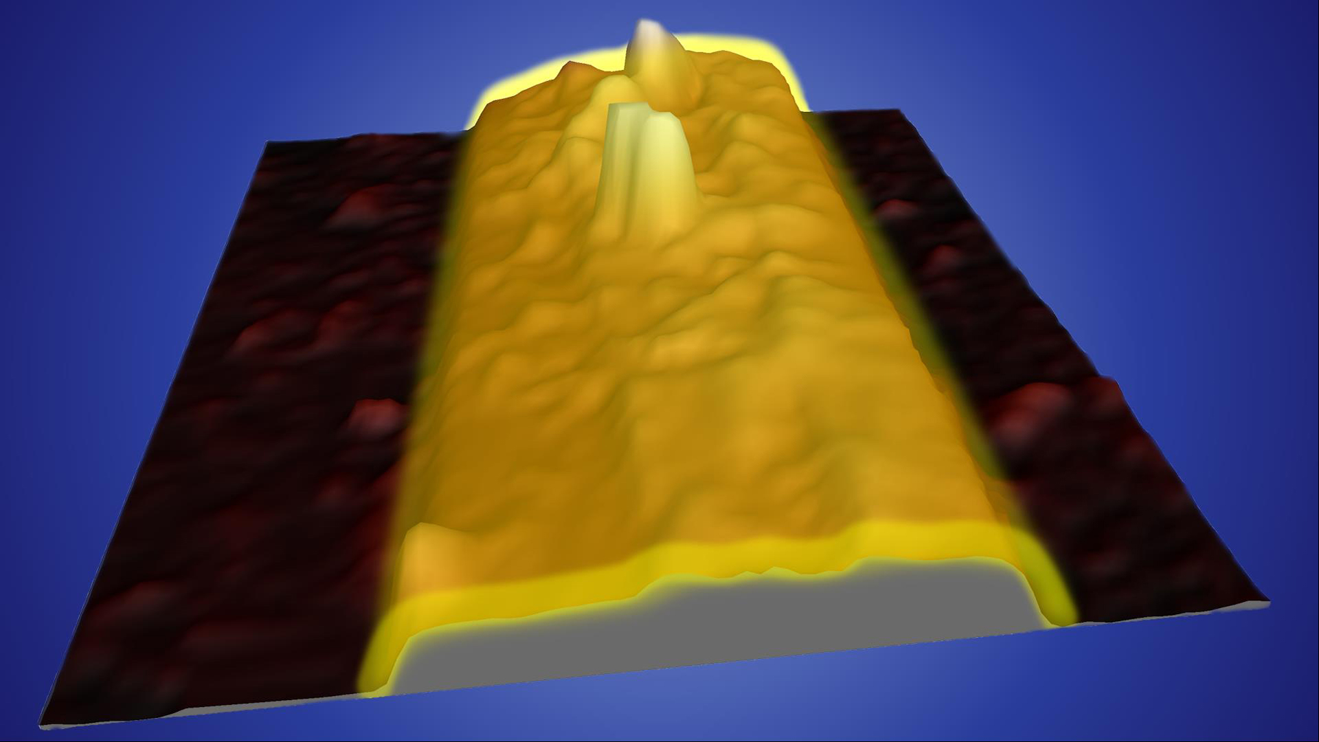 Imagen que muestra el corte transversal de una lámina de antimoneno de pocas capas, donde el brillo exterior representa la conductividad mayoritariamente por su superficie.