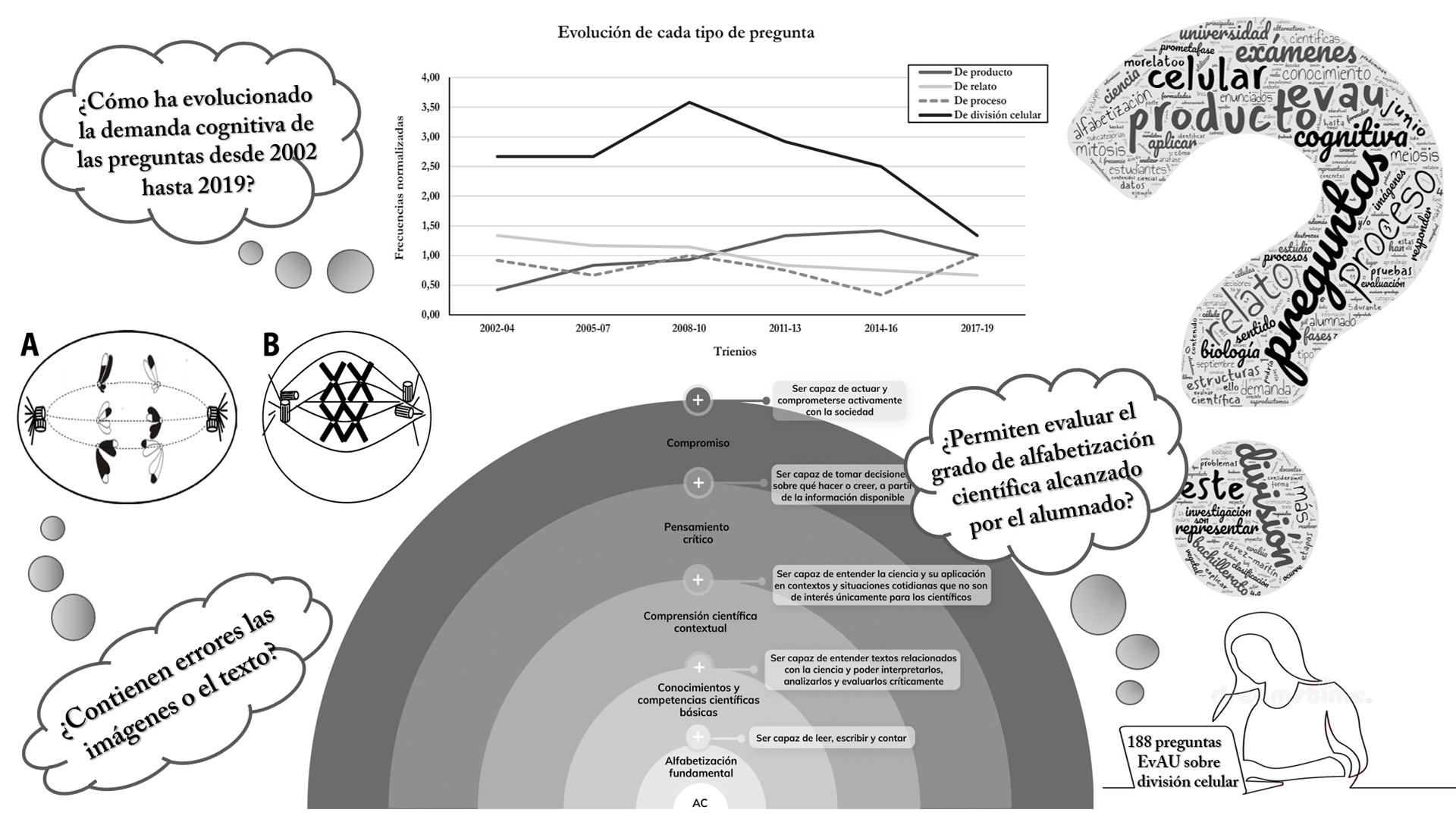Ilustración que muestra un mapa visual en el que se representan los principales resultados tras el análisis de las 188 preguntas de EvAU sobre división celular de la Comunidad de Madrid desde 2002 hasta 2019