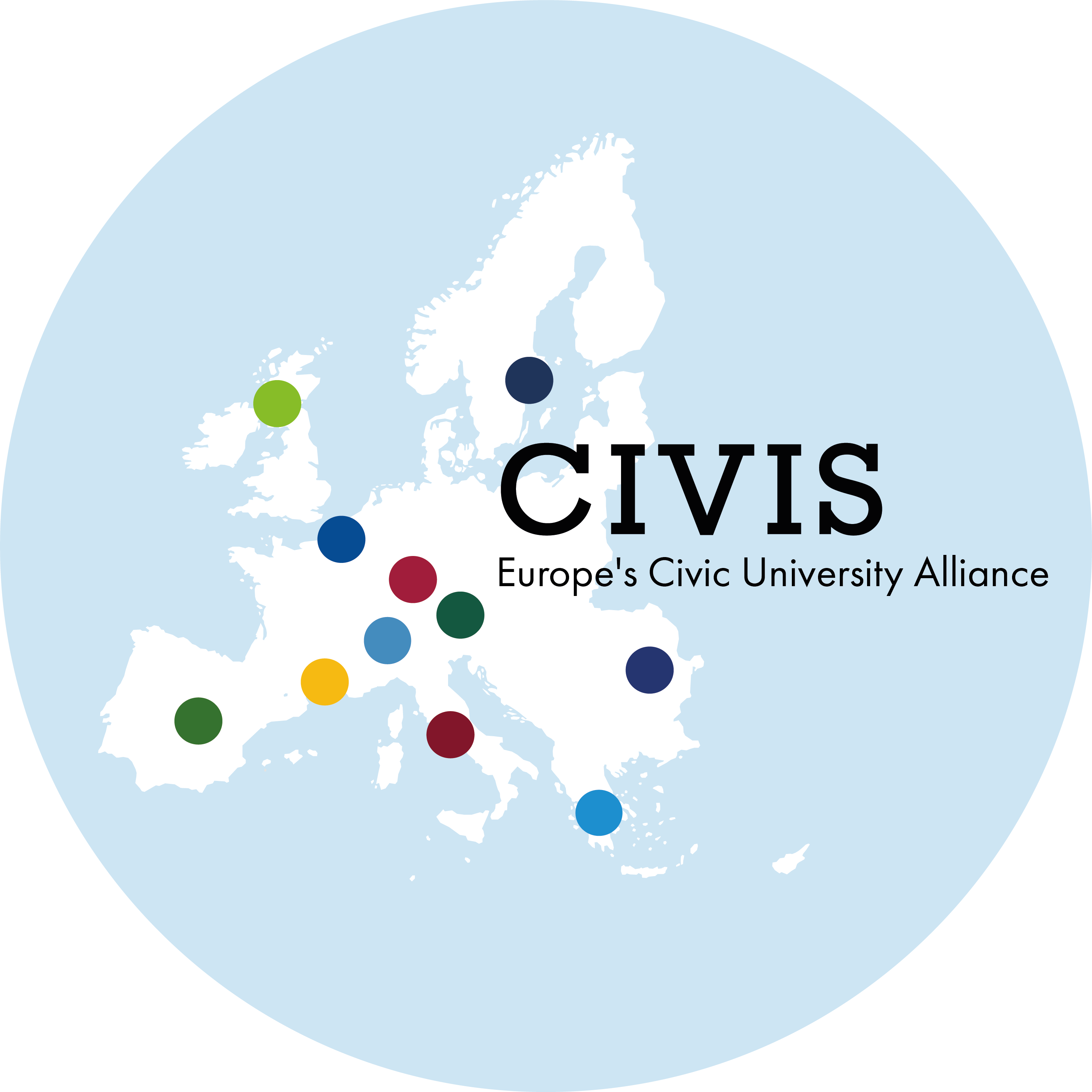 Logo de CIVIS con mapa de Europa, puntos de colores señalando las ubicaciones de las universidades miembro de la Alianza, y texto que indica CIVIS, a European Civic University