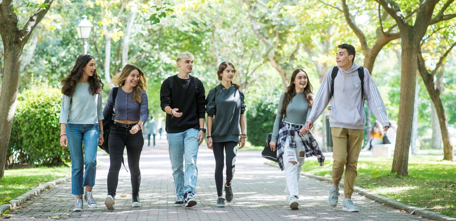 imagen de seis estudiantes, tres chicas y tres chicos, paseando por una avenida arbolada del campus de Cantoblanco
