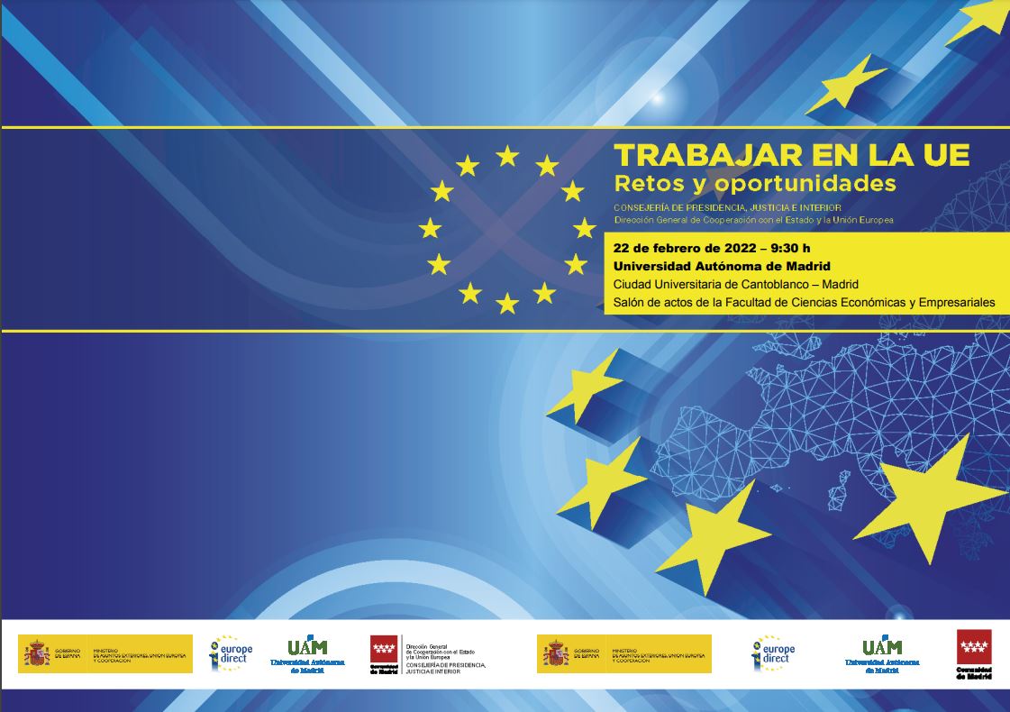 Cartel anunciador de la Conferencia Trabajar en la UE: retos y oportunidades. 22 de febrero UAM
