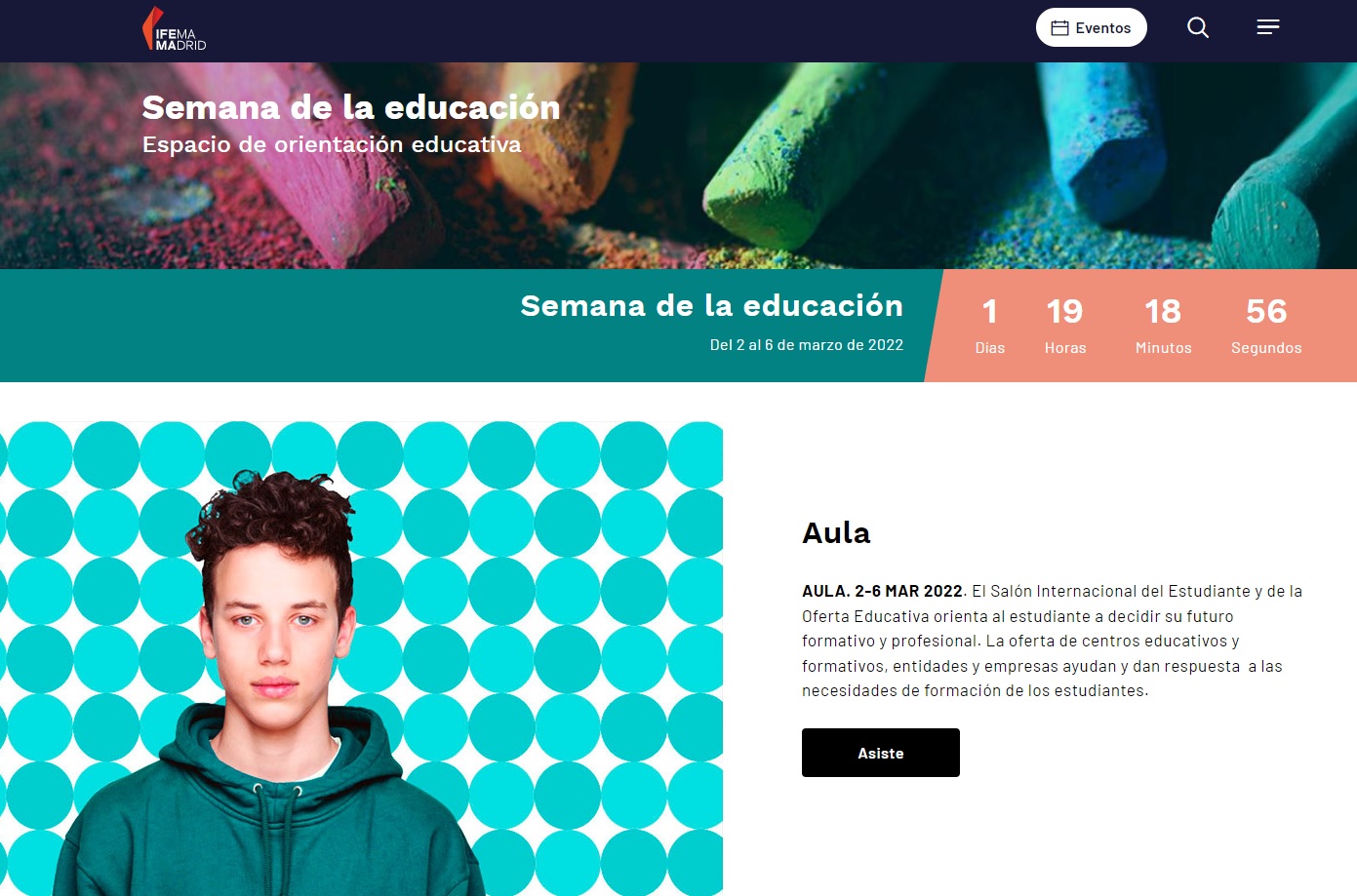 Una captura de imagen de la web promocional de la Semana de la Educación en la que se muestra el menú de navegación y la promoción de Aula 2022