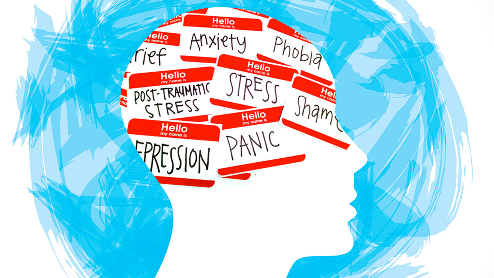 Ilustración que muestra una cabeza en la que aparecen palabras como ansiedad, miedo, vergüenza, etc.