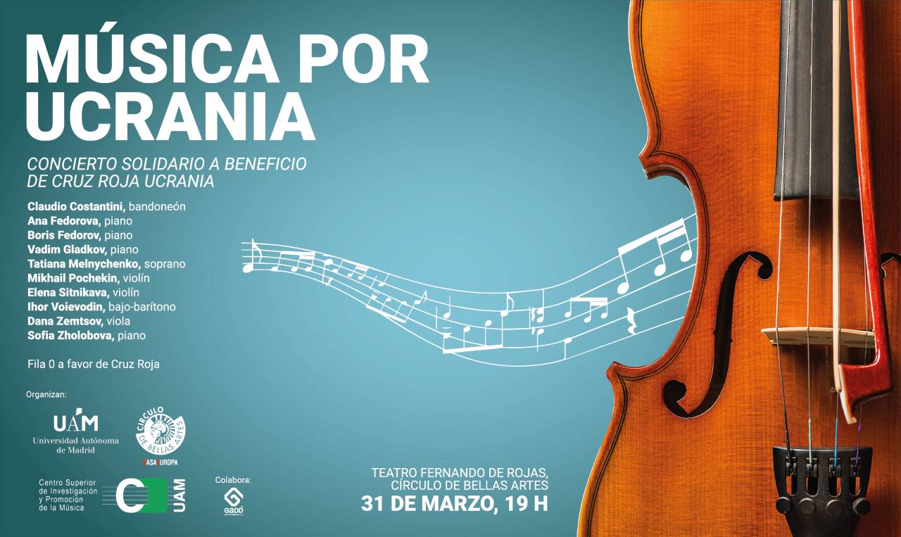 Cartel elaborado para anunciar el concierto Música por Ucrania. La imagen muestra la silueta parcial de un contrabajo y aparece texto con el nombre de los músicos, los logos de las entidades que organizan y colaboran así como los datos prácticos del evento y la mención de una Fila 0.