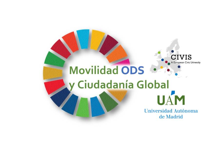 Imagen que incluye el logo de los Objetivos de Desarrollo Sostenible, de CIVIS y la UAM y el texto Movilidad ODS + Ciudadanía Global 