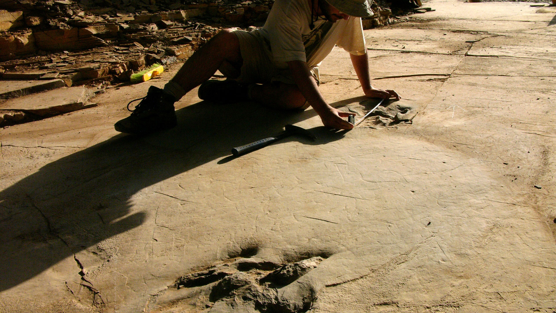 Imagen del yacimiento de Las Hoyas, y en primer término, huella del pie normal en el rastro objeto de estudio.