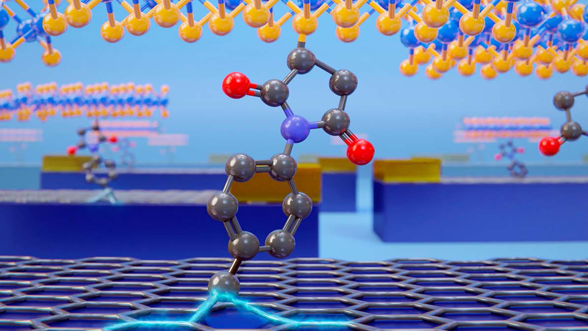 Esquema que muestra cómo las estructuras 2D de MoS2 están conectadas al grafeno mediante un enlace covalente.