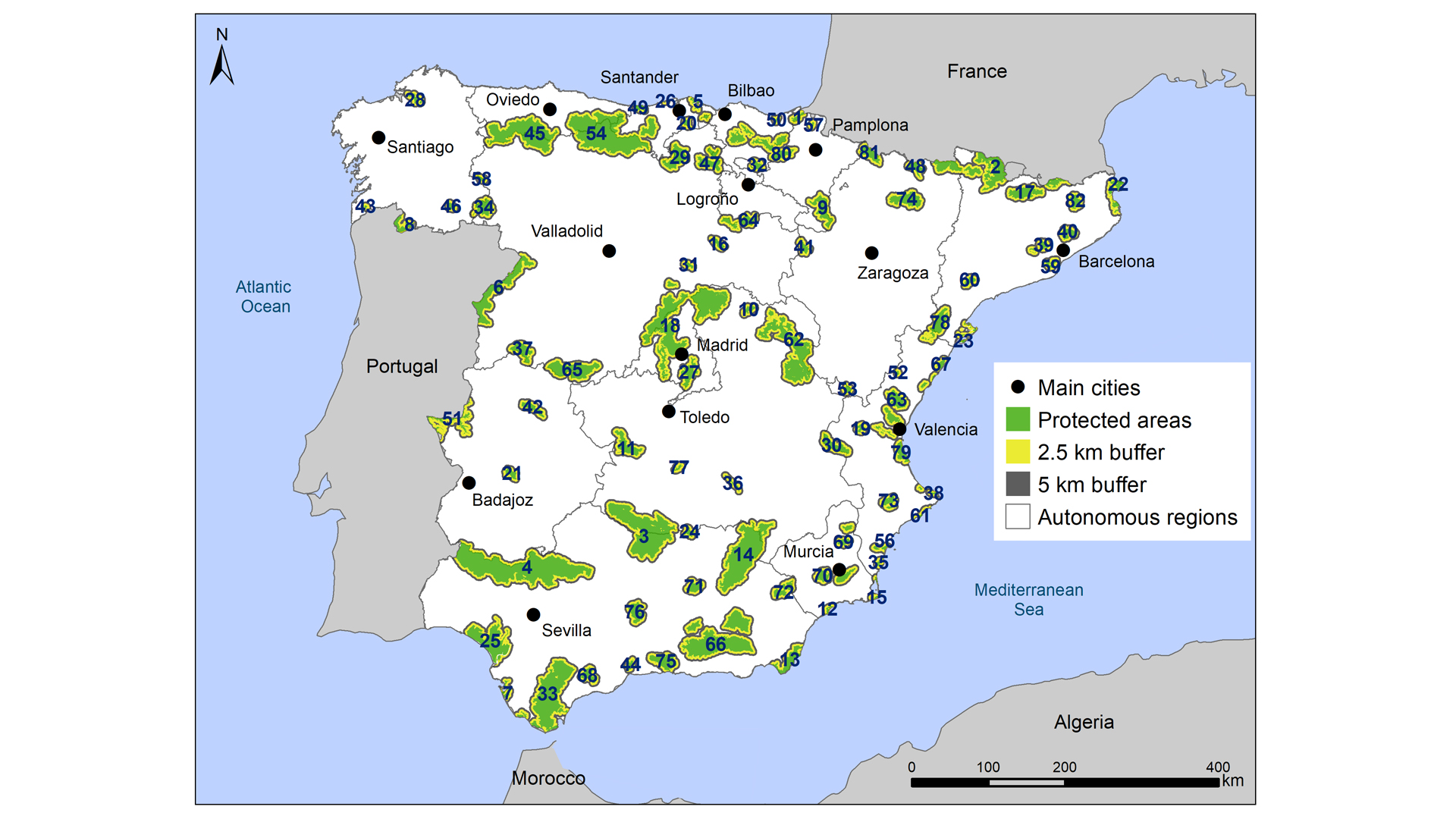 Imagen que muestra las áreas protegidas incluidas en el estudio. 