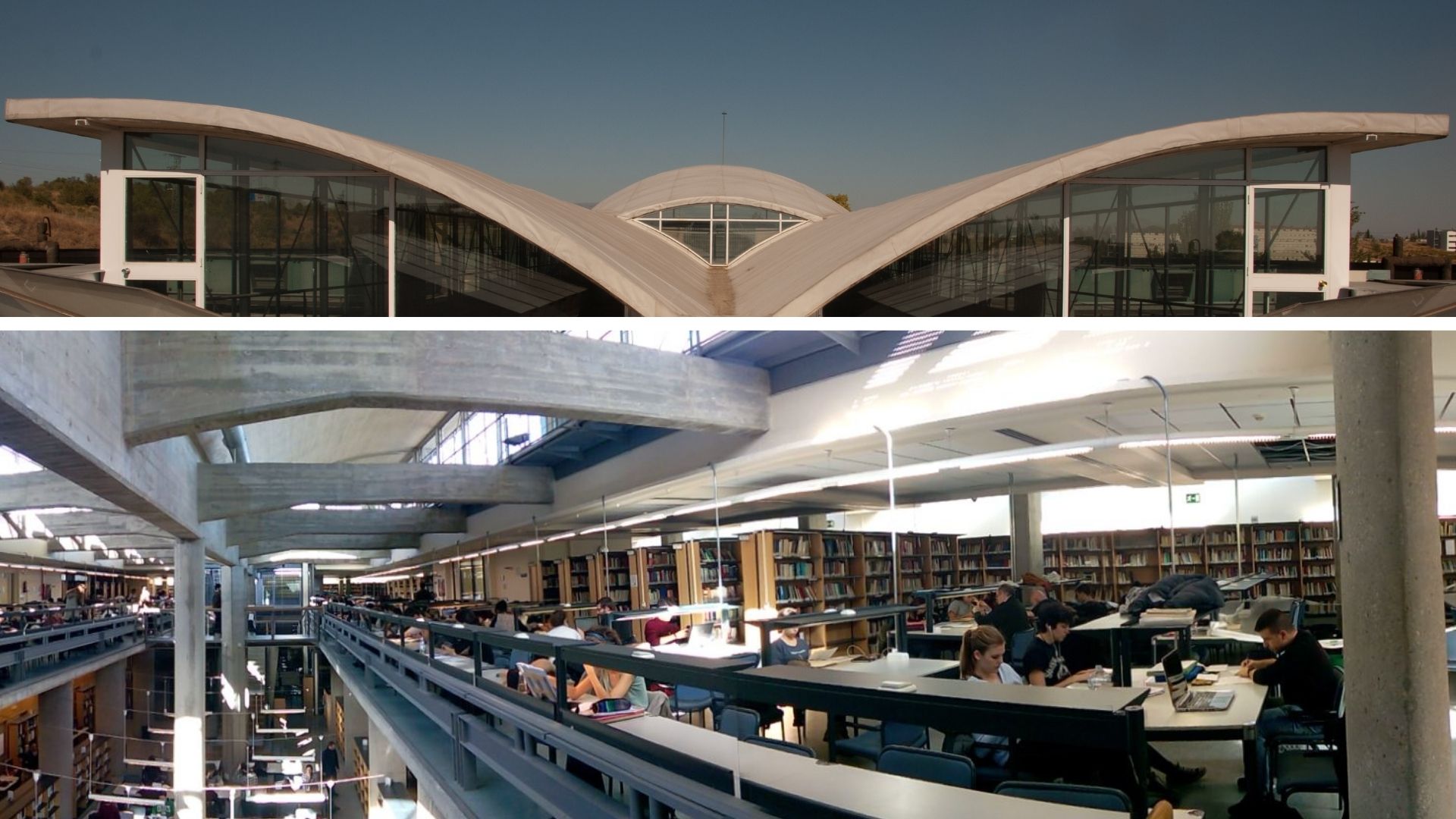 Imagen del exterior (techado) e interior (salas de lectura) de la Biblioteca de Humanidades