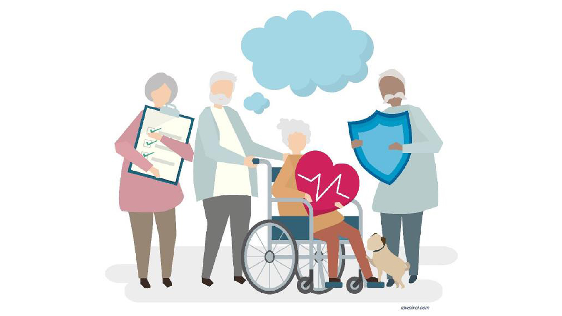 Ilustración que muestra a varias personas mayores con símbolos de salud y bienestar.